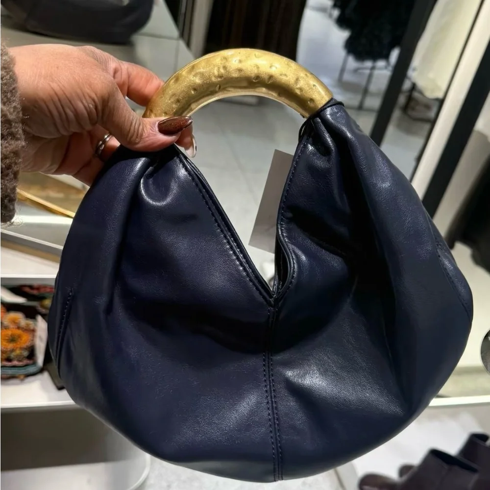 ZARA NWT Navy Blue Handbag with Gold Handle